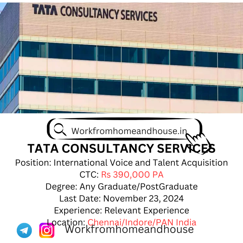 Recruitment poster for Tata Consultancy Services TCS 2024, featuring details on job openings for International Voice and Talent Acquisition Sourcer positions.