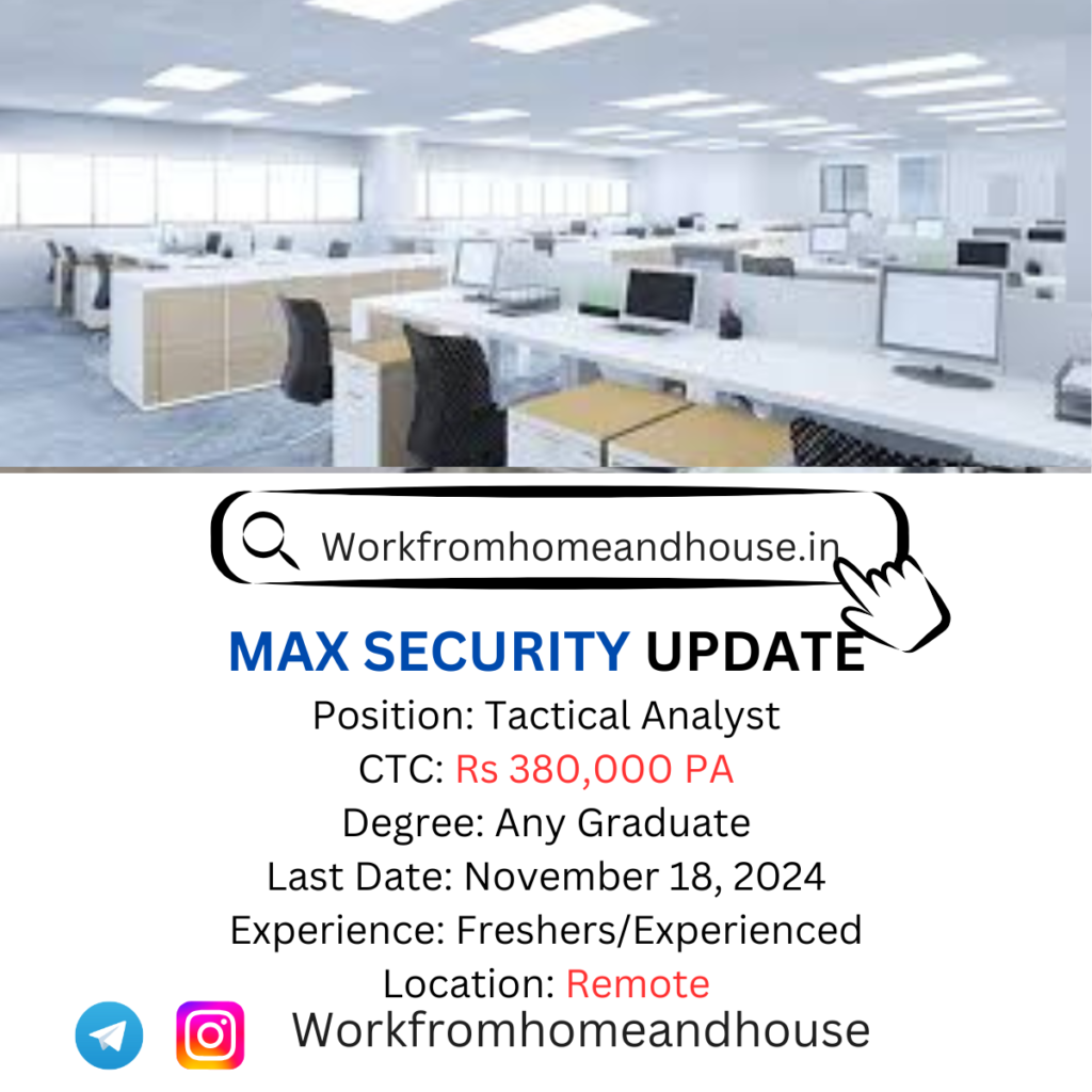 Tactical Analyst work-from-home jobs in India for freshers in 2024 with MAX Security, application open on Workfromhomeandhouse.in.