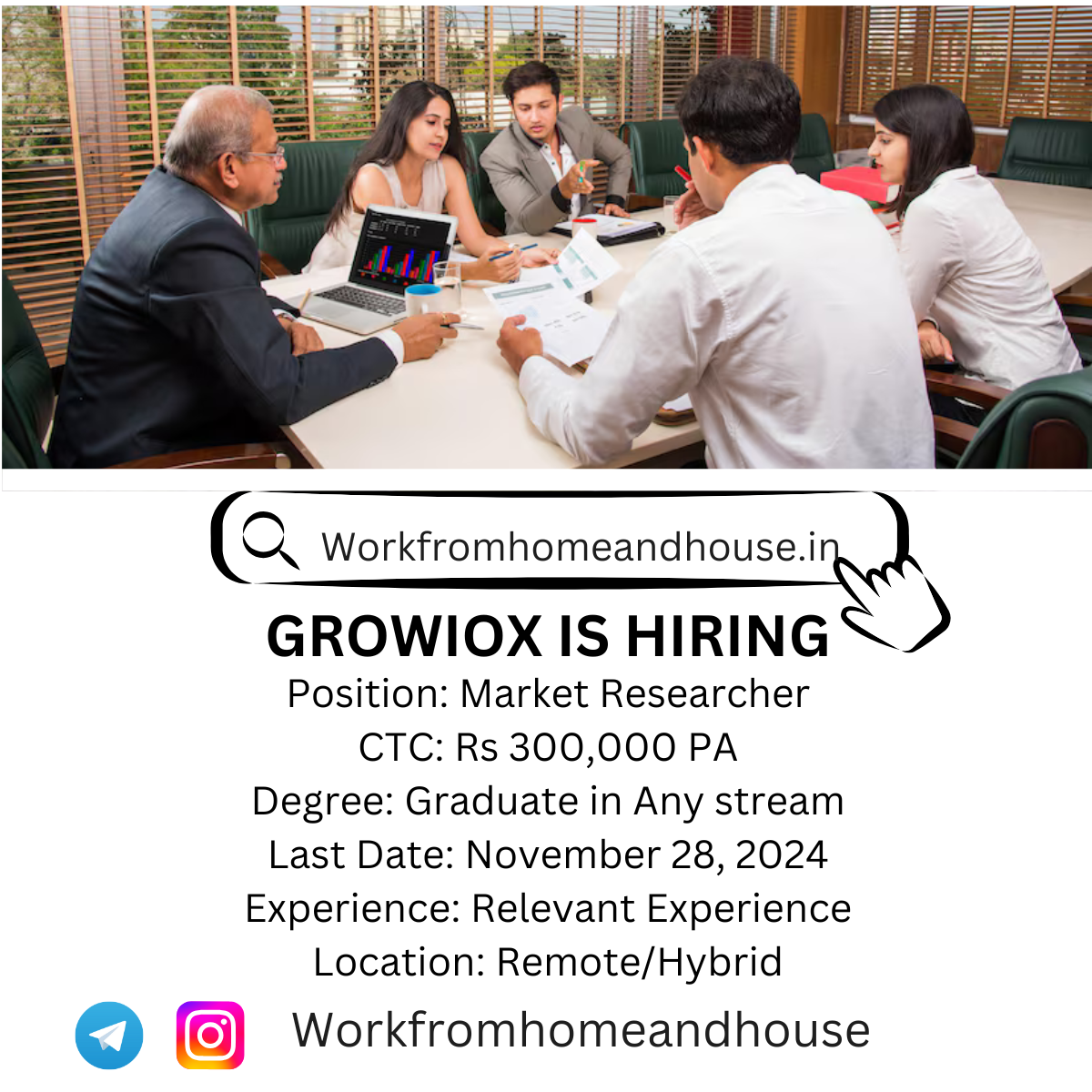 A list of responsibilities and qualifications for the Market Researcher role at GROW10X, highlighting skills in data gathering, communication, and analytics, with flexible experience requirements.