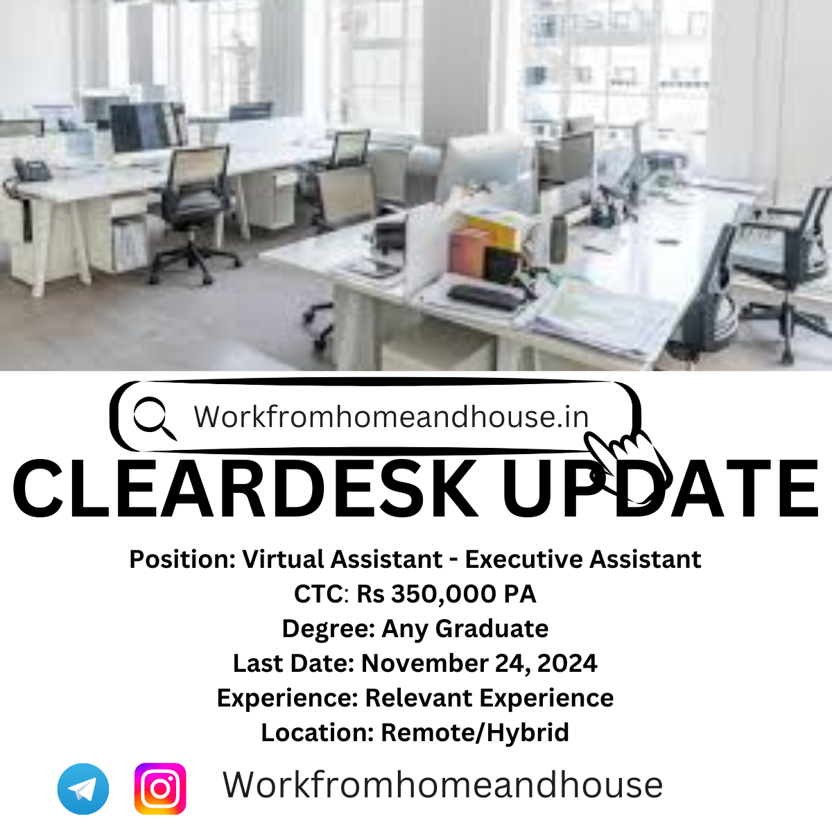 Cleardesk Work from Home Jobs for Freshers in India 2024 – Virtual Assistant position.