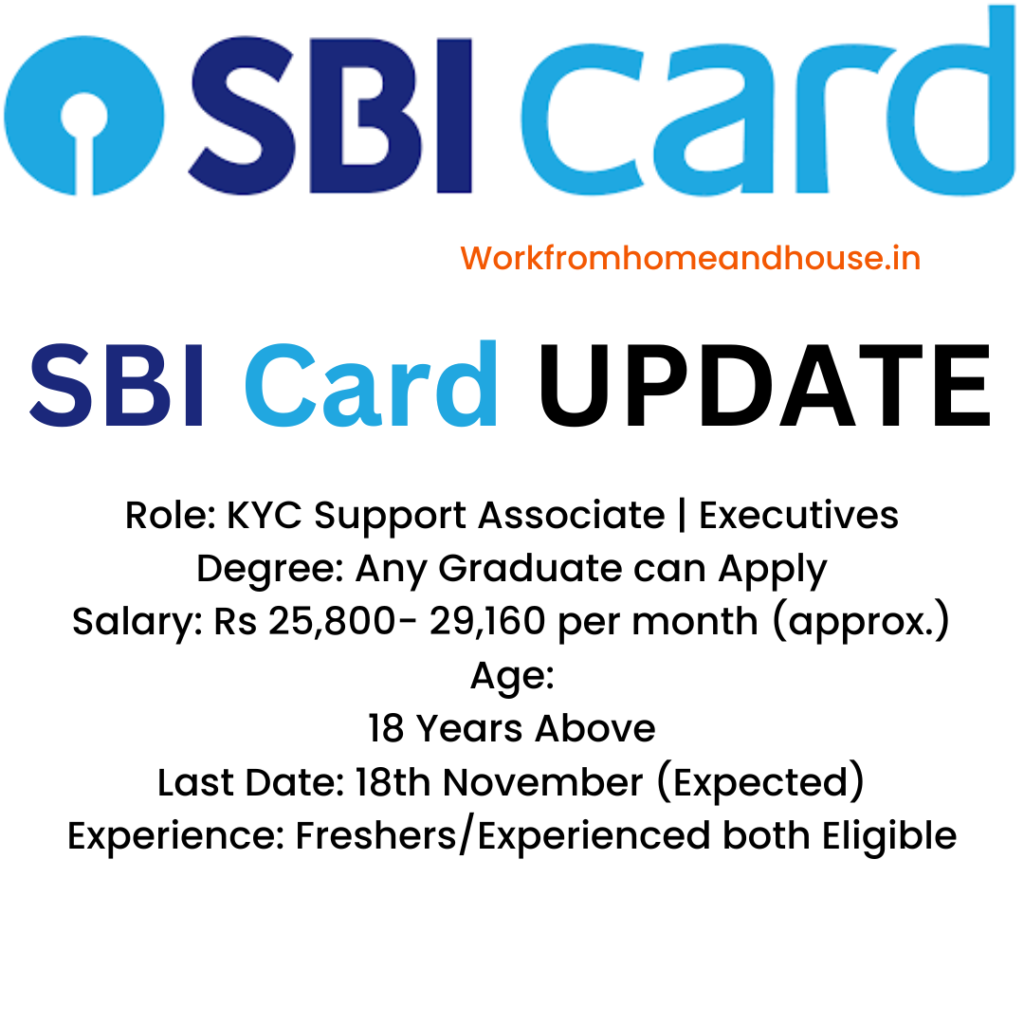 Infographic highlighting SBI Card Recruitment 2024 for KYC Support Associate and Executive positions, detailing important information such as application deadline (November 18, 2024), job roles, salary, qualifications, and selection process.