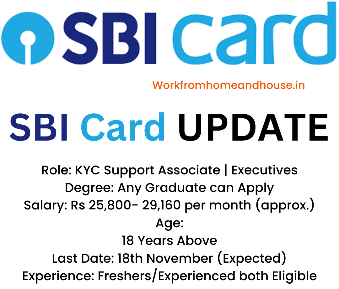 Infographic highlighting SBI Card Recruitment 2024 for KYC Support Associate and Executive positions, detailing important information such as application deadline (November 18, 2024), job roles, salary, qualifications, and selection process.