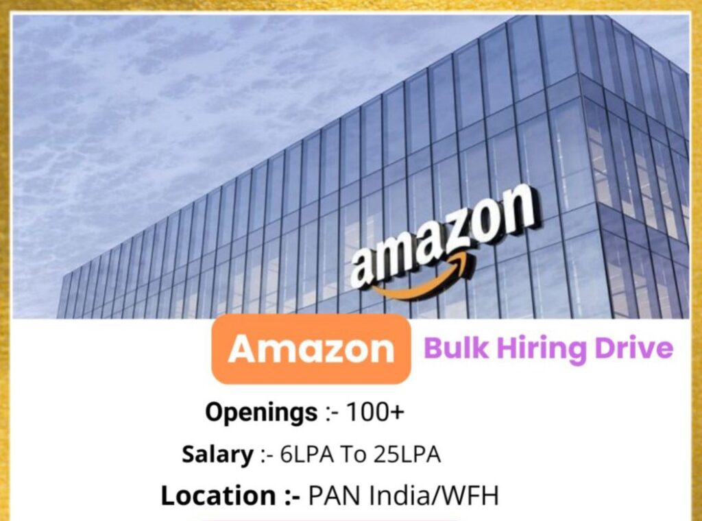 Amazon Bulk Hiring Drive 2024. Illustration of diverse professionals standing in front of the Amazon logo. Text overlay highlights open job roles, locations, and flexible work options. Background shows a dynamic workspace with computers, delivery trucks, and mobile devices representing various job opportunities.