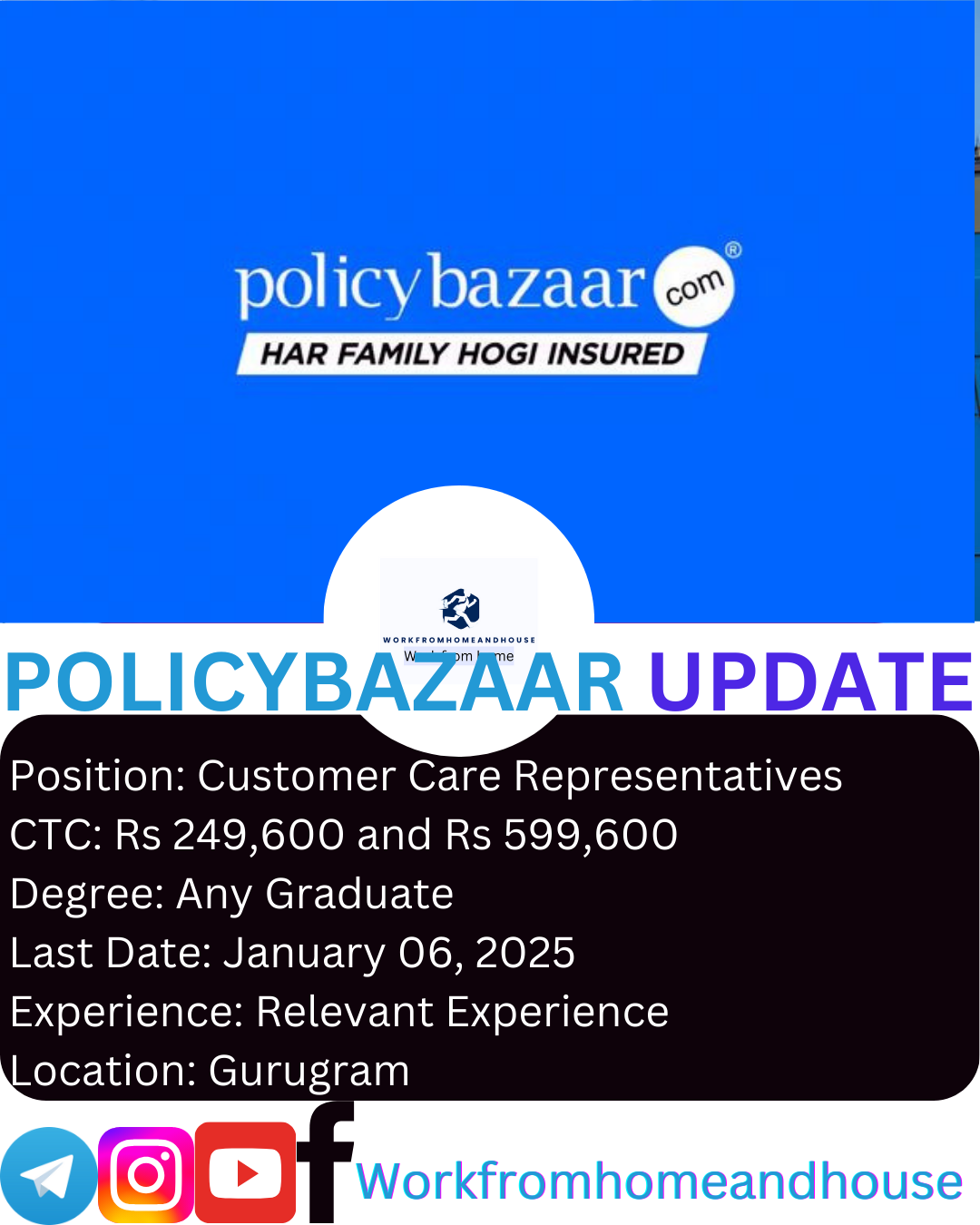 PolicyBazaar Recruitment 2025 – Apply for Customer Care Representative roles with flexible work-from-home options.
