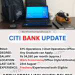 A split image showing a financial professional meticulously reviewing documents (KYC) on one side and another person engaging in a friendly chat interaction on a computer screen (Chat Operations), representing hybrid and onsite roles at Citibank.