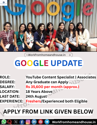 A diverse group of people collaborating on laptops in a modern office, with subtle Google and YouTube logos, symbolizing content creation and digital marketing roles.