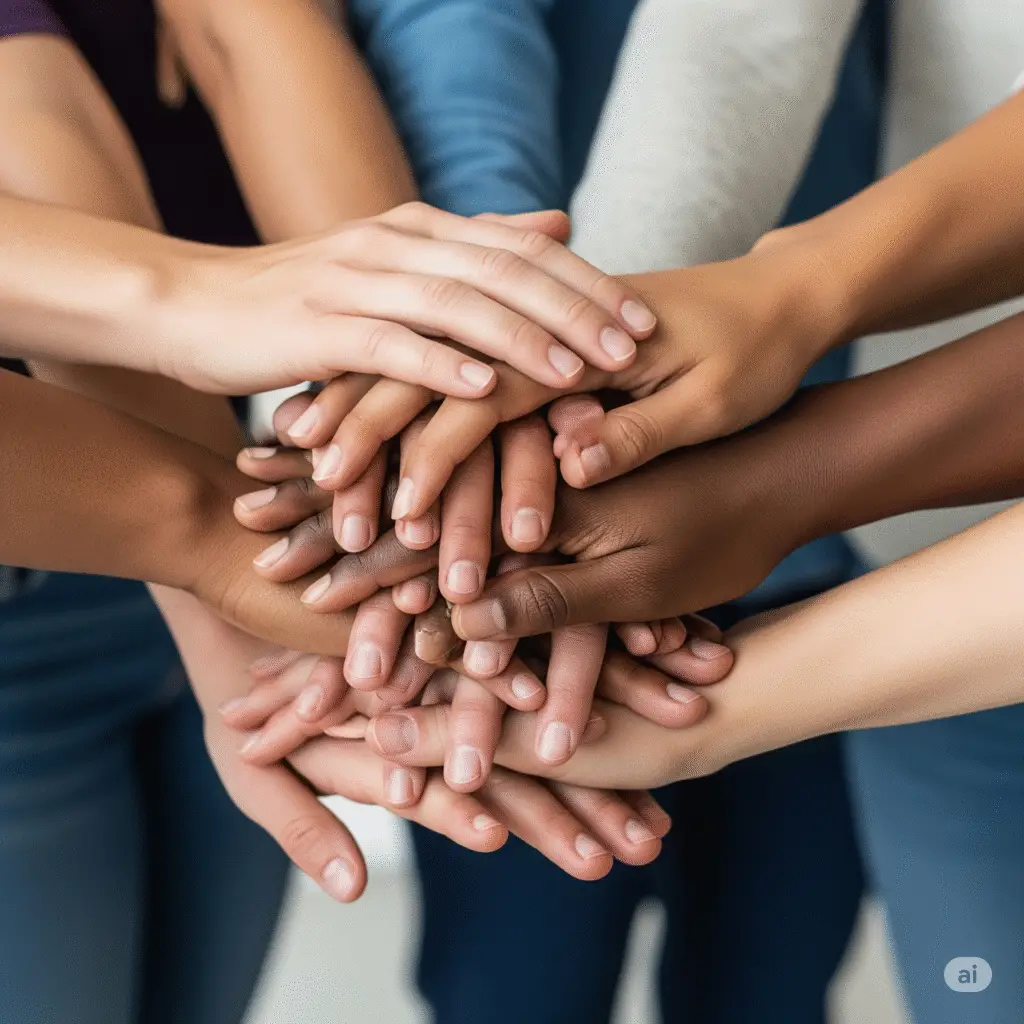 Diverse hands stacked together, symbolizing unity, support, and teamwork.

