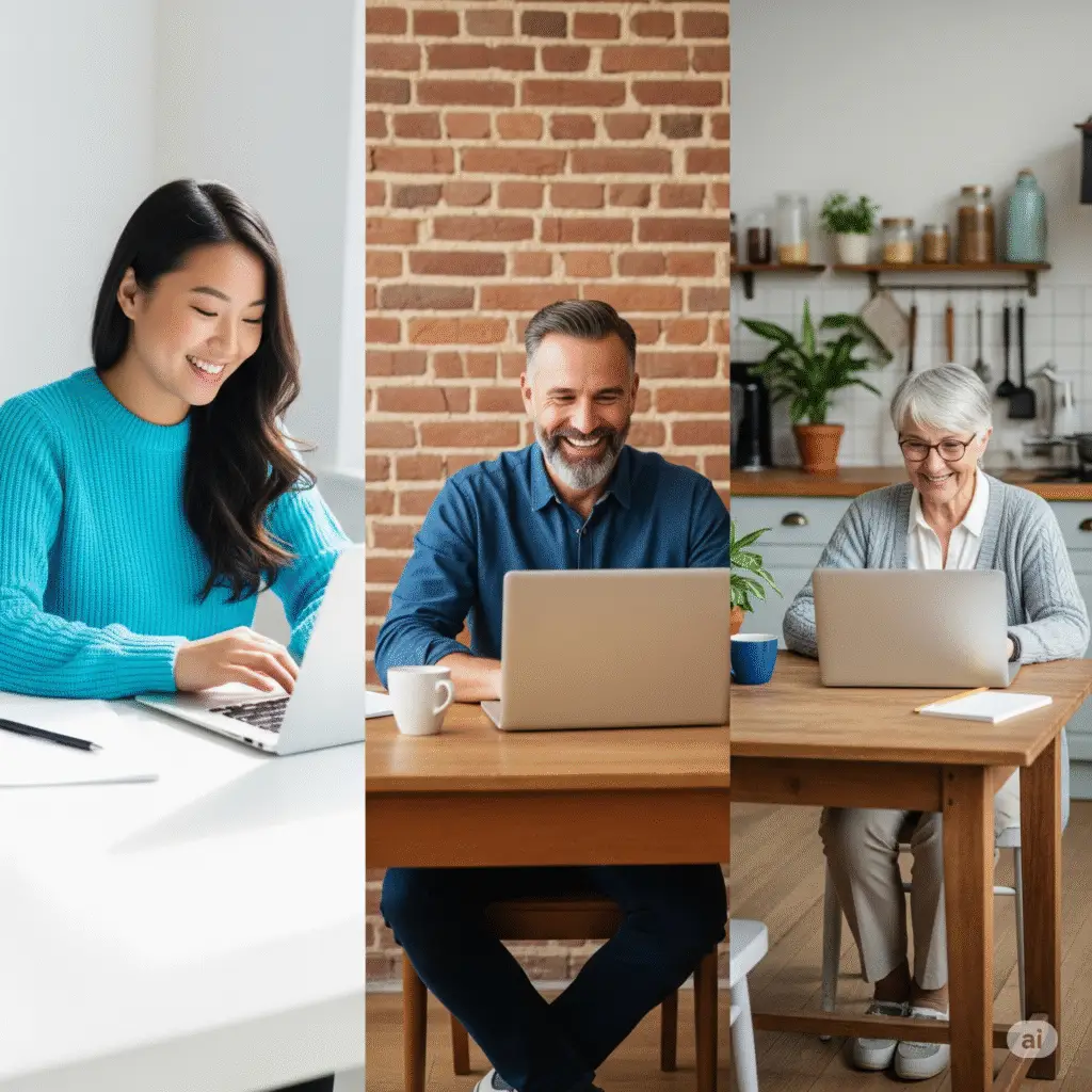 Diverse individuals smiling while working on laptops from their cozy home environments.