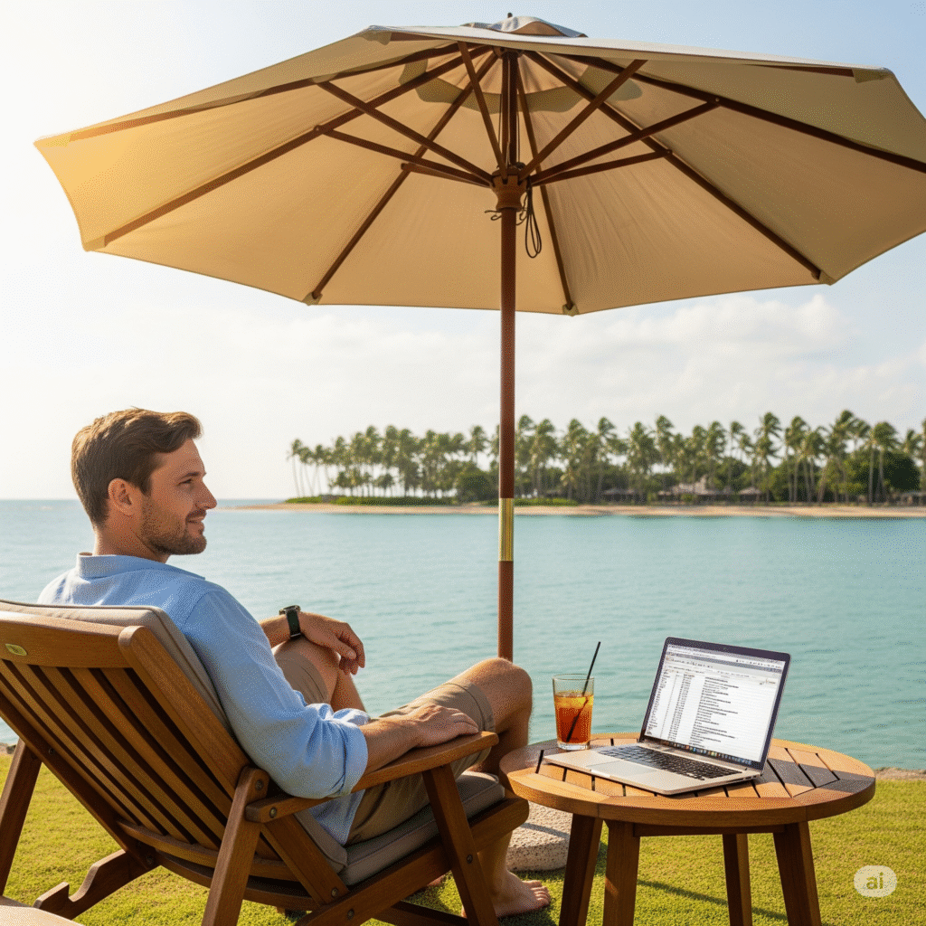 Work and Wanderlust: Achieving Location Independence A man working on his laptop from a sun lounger on a tropical beach, with a view of the ocean, demonstrating the freedom to work from a vacation destination.