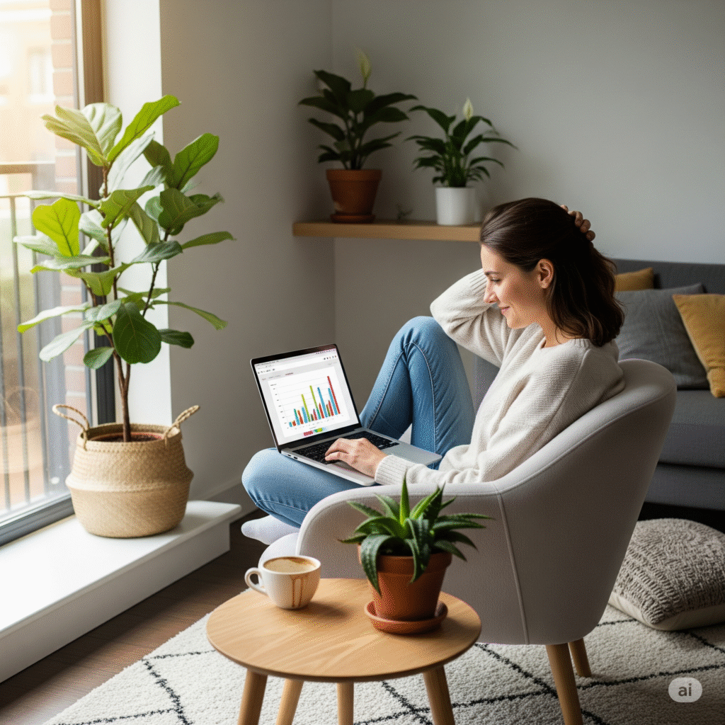 Productive and Relaxed: The Modern Work-From-Home Experience A woman smiling while working on her laptop from a comfortable armchair in a bright, modern living room with houseplants, showcasing a flexible work-from-home lifestyle.