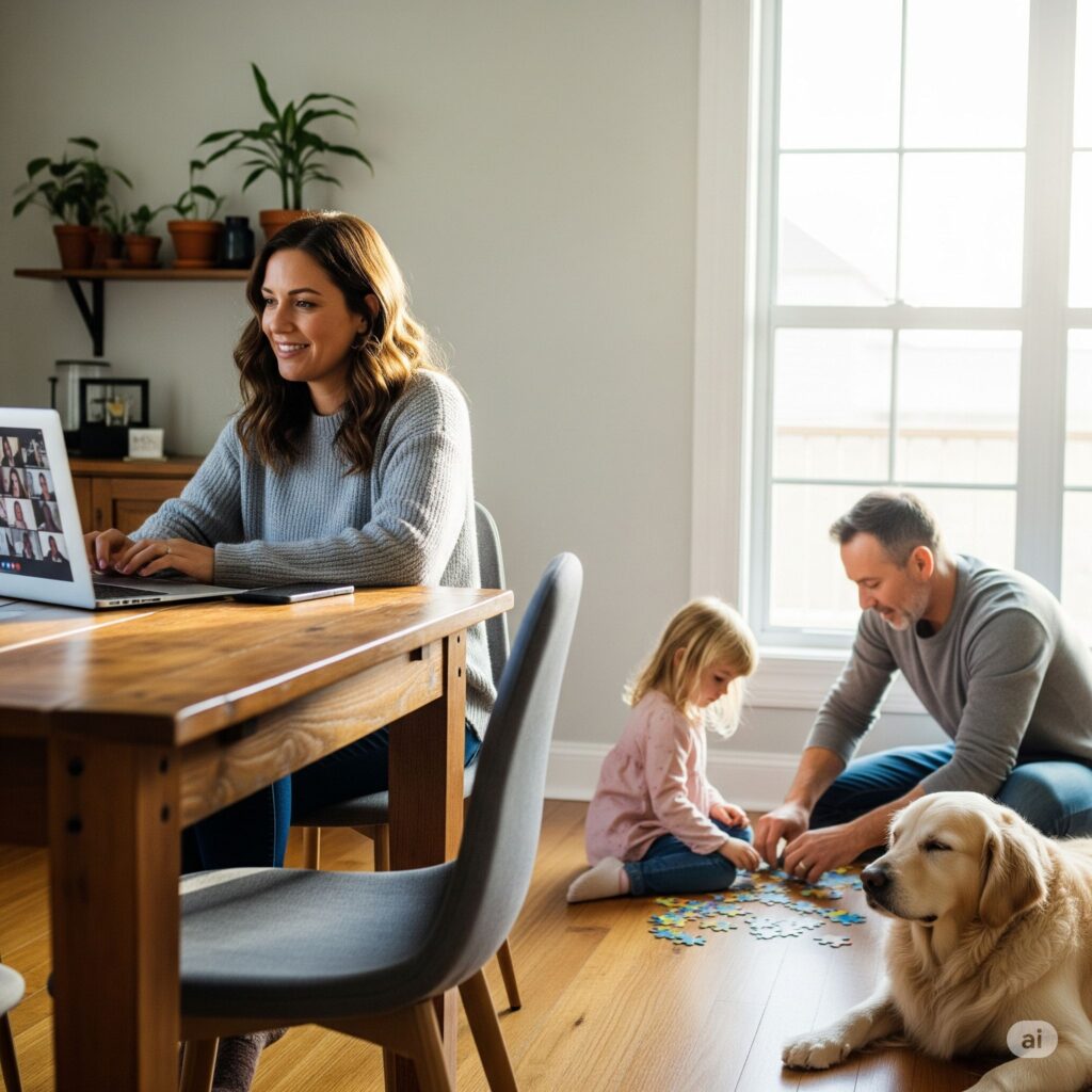 Seamlessly Blending Work and Family Life A woman working on a video call on her laptop at a dining table, while her family plays nearby, representing a flexible work schedule that allows for quality time at home.