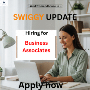 A young professional working on a laptop in a hybrid office setup for Swiggy in Bangalore.